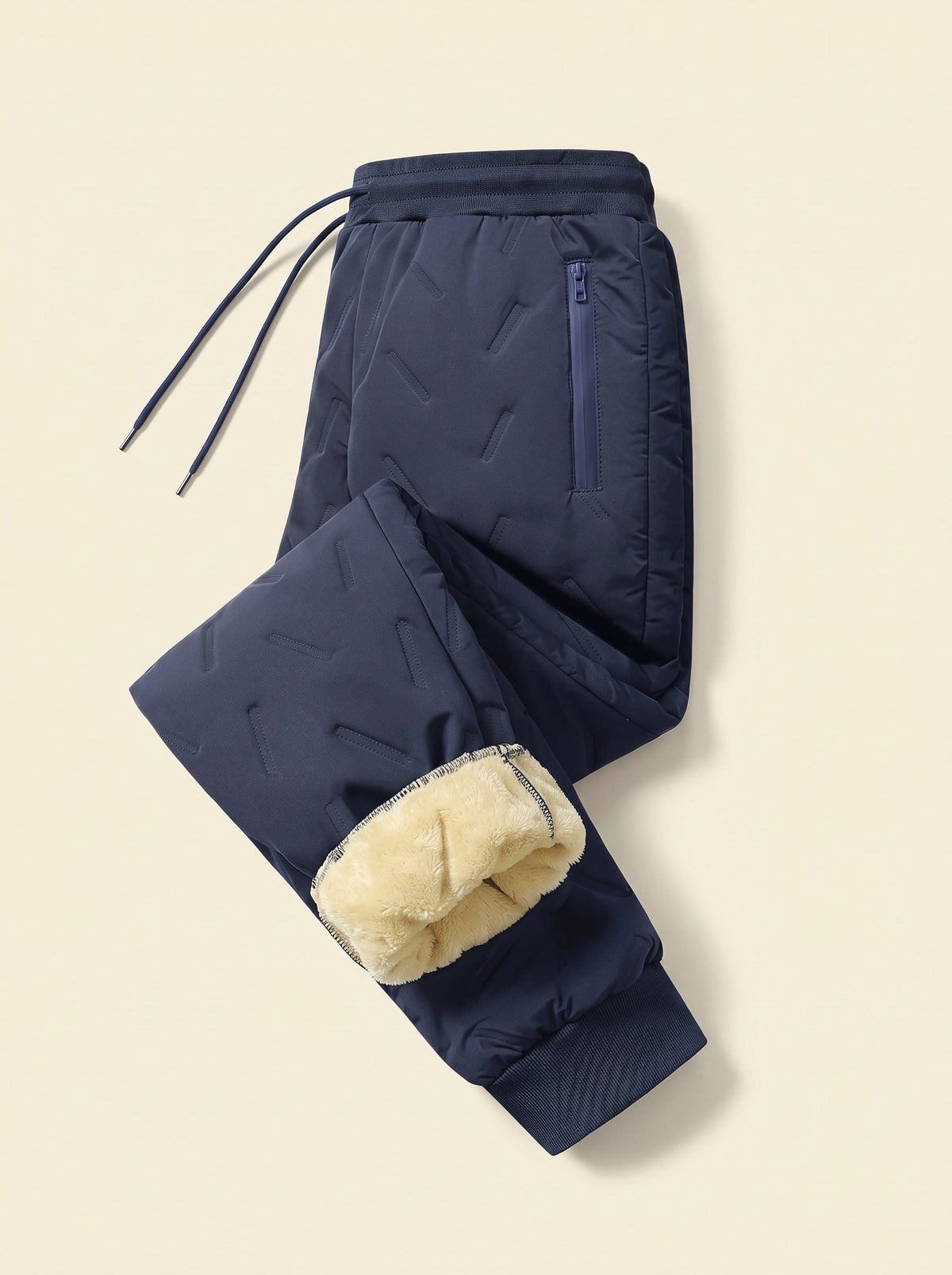 Unisex Fleece-Lined Winter Trousers – Navy – Elastic Cuff – folded, lining view