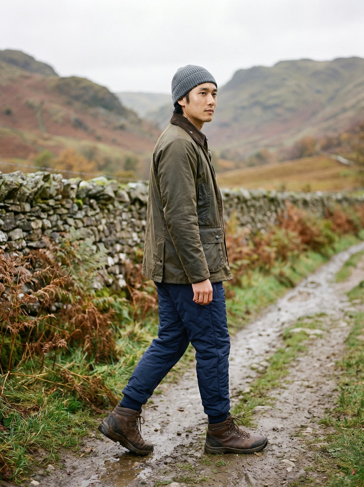 Unisex Fleece-Lined Winter Trousers – Navy – worn on a countryside walk