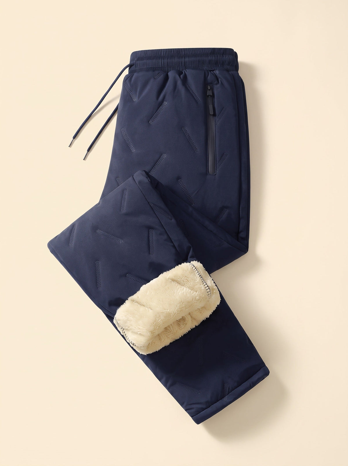 Unisex Fleece-Lined Winter Trousers – Navy – Straight Hem – folded, lining view