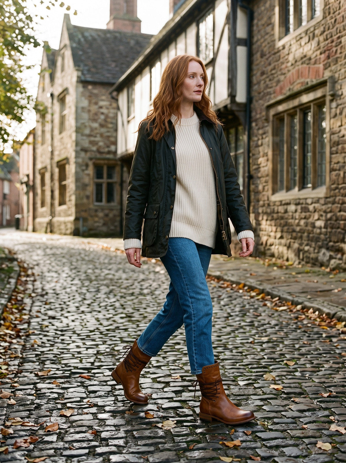 Women's Vintage Combat Boots – Brown – worn with jeans on a cobbled lane