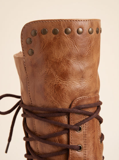 Women's Vintage Combat Boots – Brown – studded collar and criss-cross lacing close-up