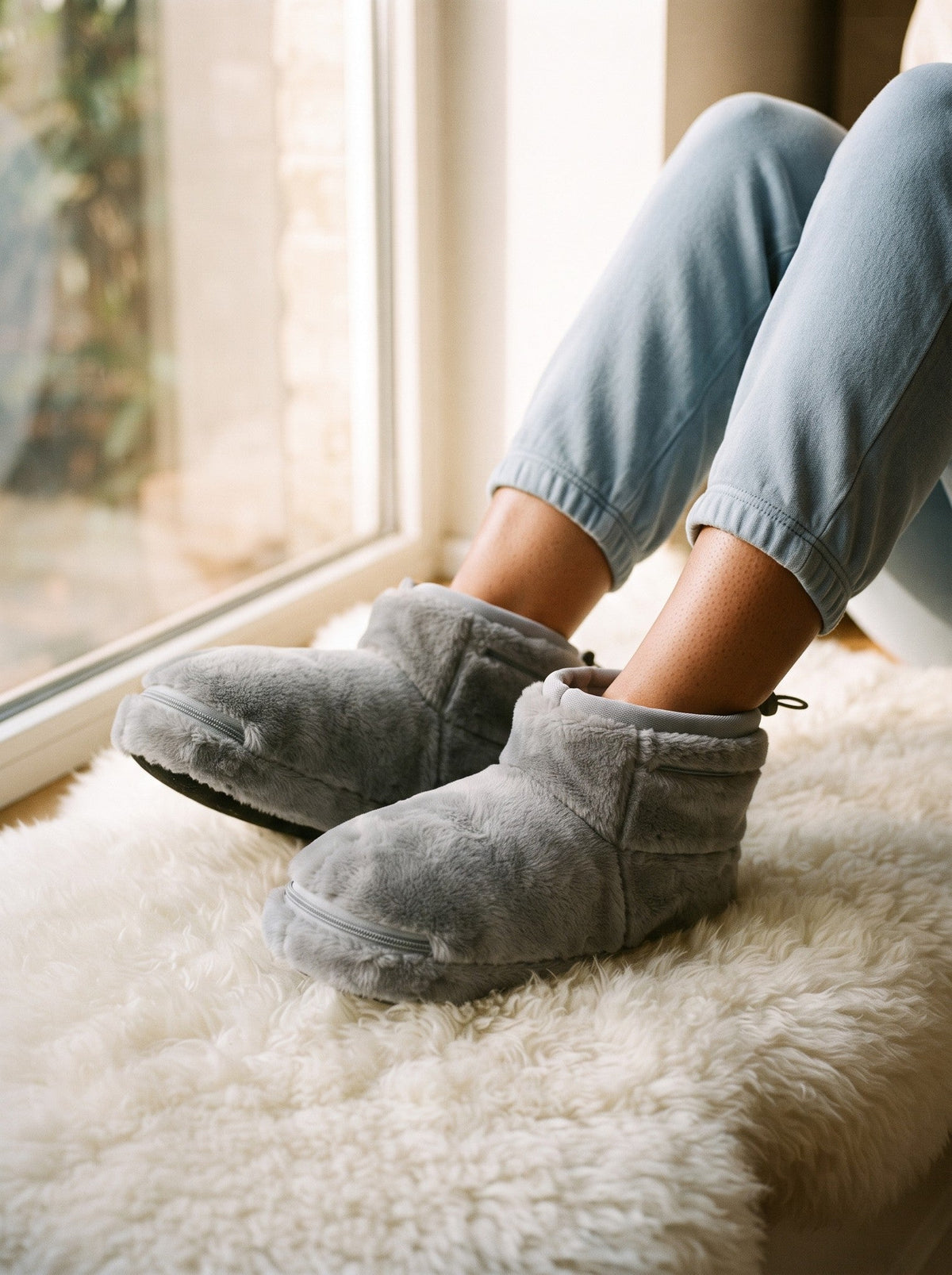 USB Heated Plush Bootie Slippers – Grey – lifestyle