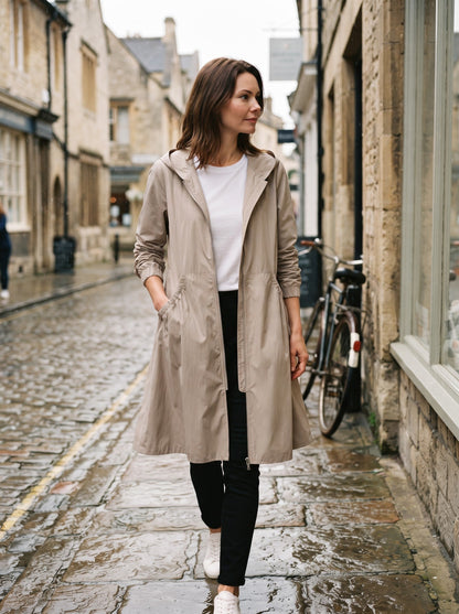 Women's Knee-Length Hooded Raincoat – Beige – lifestyle