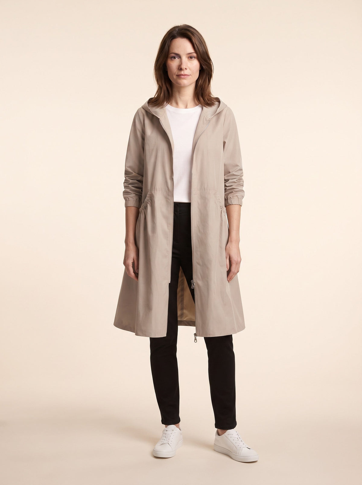 Women's Knee-Length Hooded Raincoat – Beige – on model