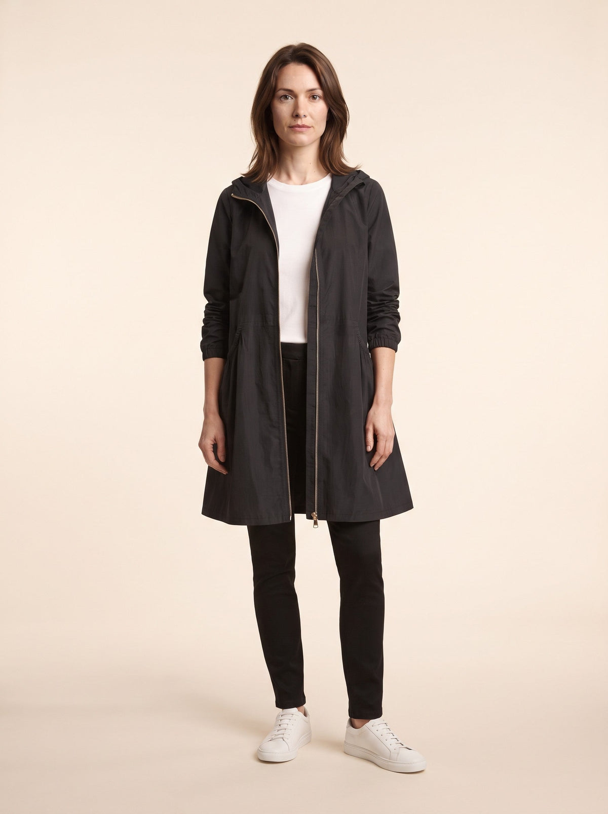 Women's Knee-Length Hooded Raincoat – Black – on model