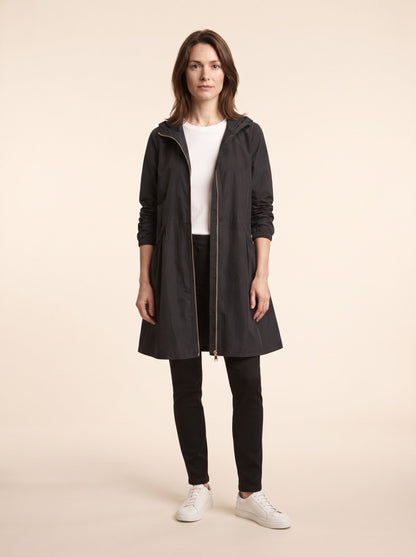 Women's Knee-Length Hooded Raincoat – Black – on model