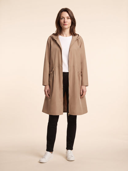 Women's Knee-Length Hooded Raincoat – Light Brown – on model