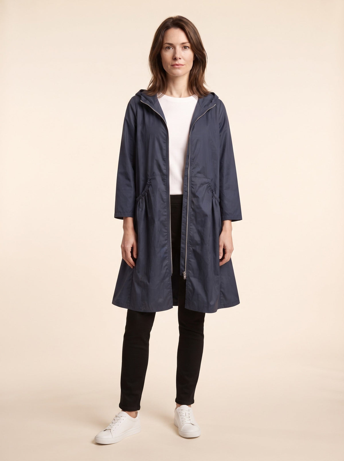Women's Knee-Length Hooded Raincoat – Navy Blue – on model