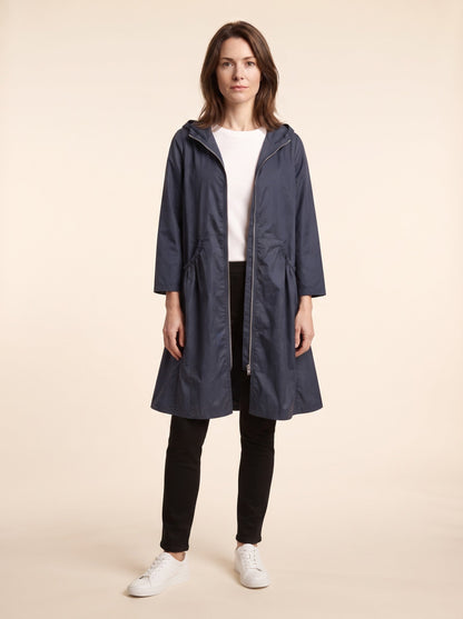 Women's Knee-Length Hooded Raincoat – Navy Blue – on model