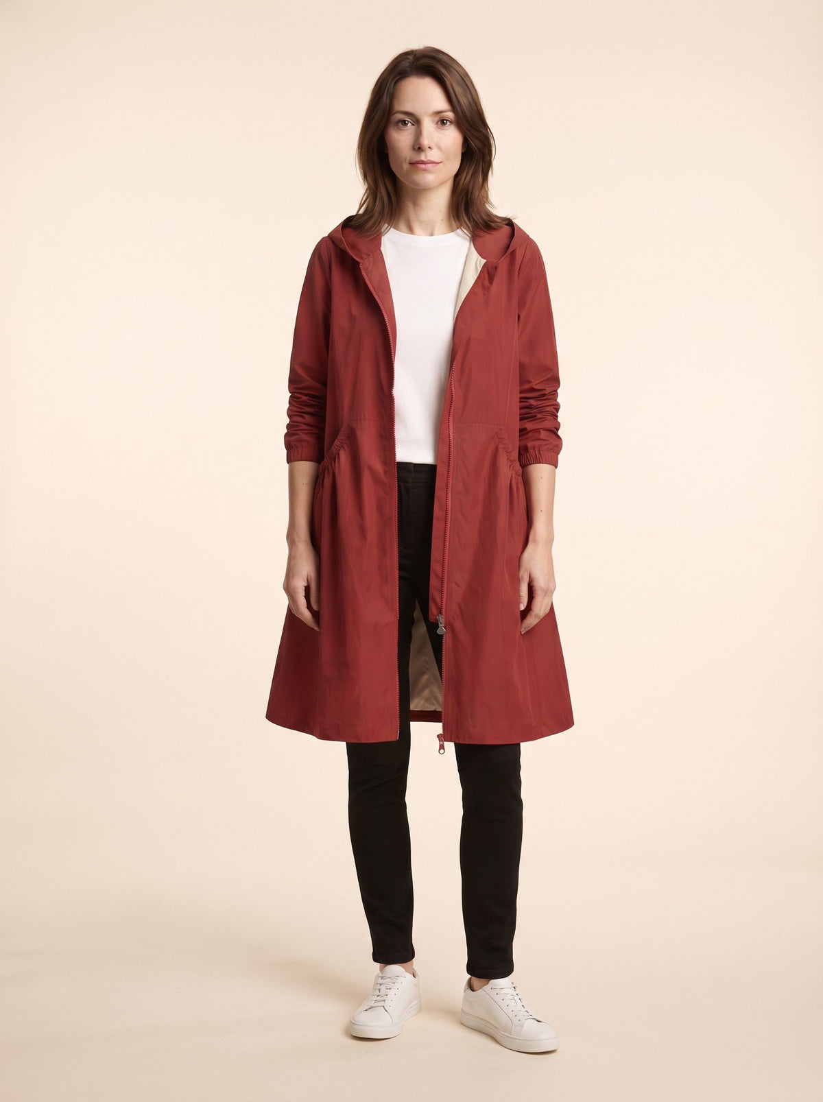 Women's Knee-Length Hooded Raincoat – Red – on model