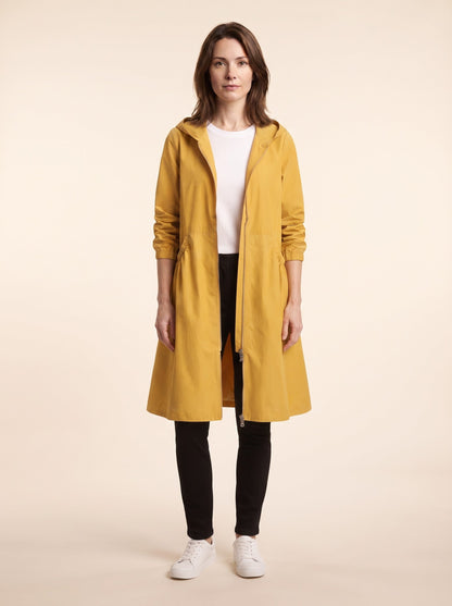 Women's Knee-Length Hooded Raincoat – Yellow – on model