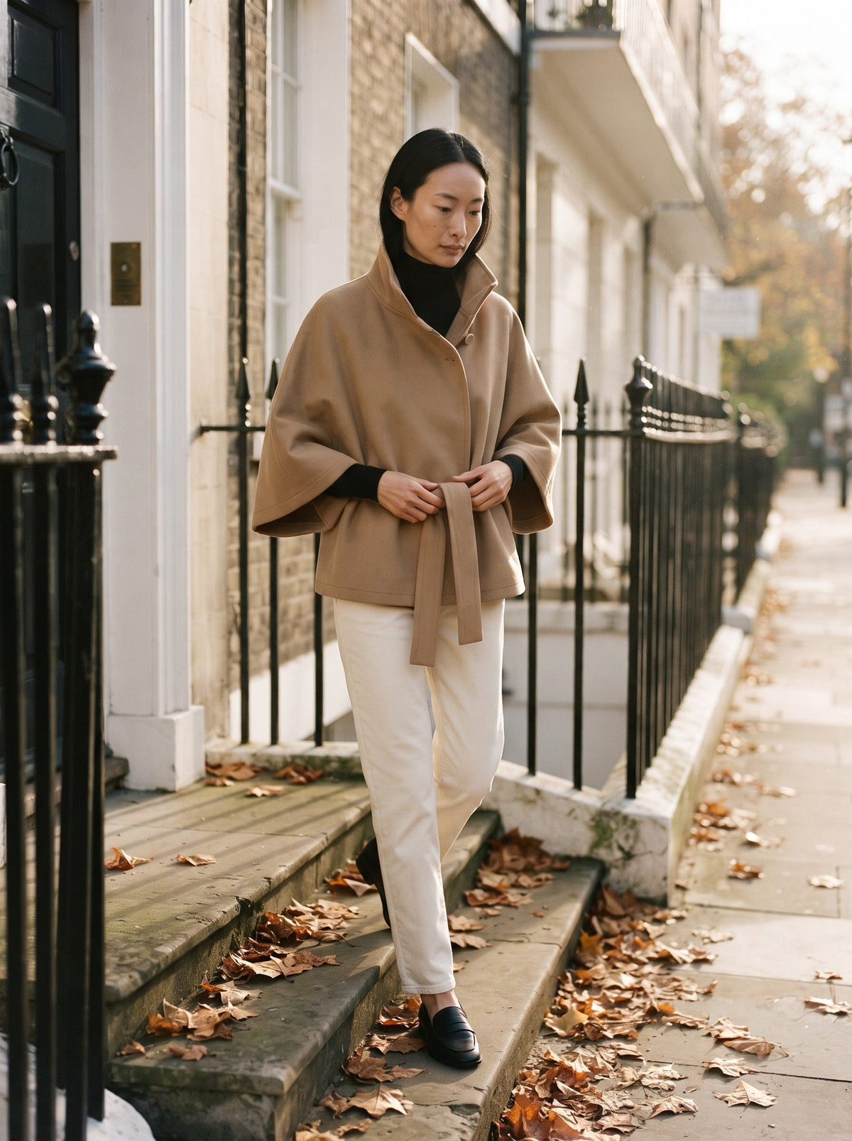 Women's Cape Jacket with High Collar – Camel – lifestyle