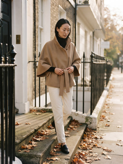 Women's Cape Jacket with High Collar – Camel – lifestyle