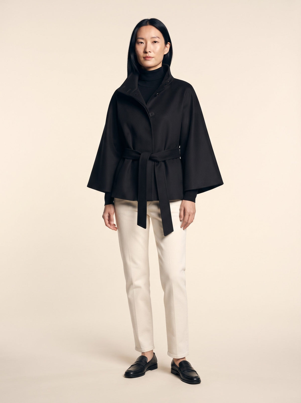 Women's Cape Jacket with High Collar – Black – on model