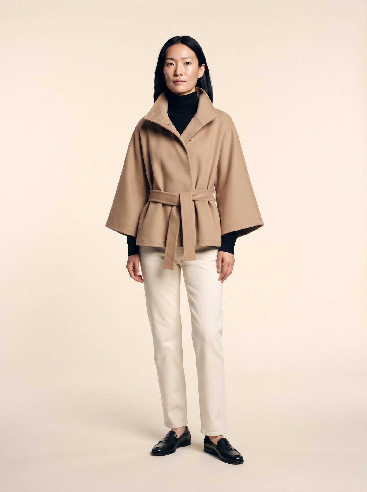 Women's Cape Jacket with High Collar – Camel – on model