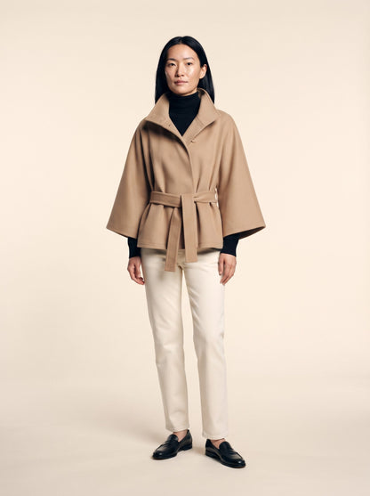 Women's Cape Jacket with High Collar – Camel – on model