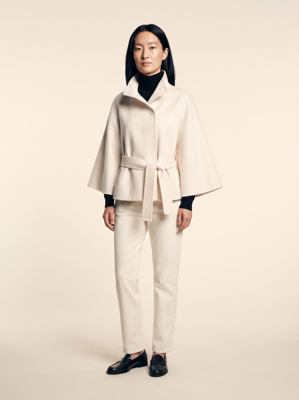 Women's Cape Jacket with High Collar – Cream – on model