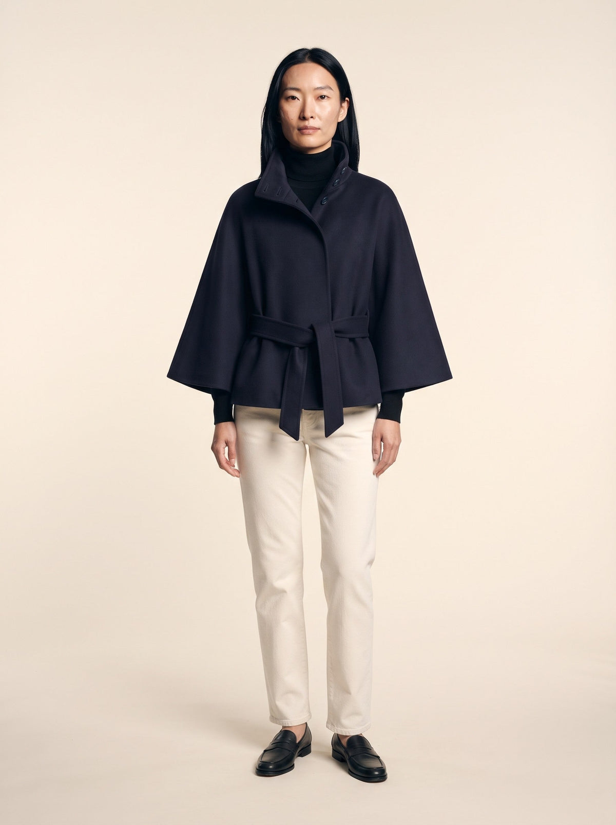 Women's Cape Jacket with High Collar – Navy Blue – on model