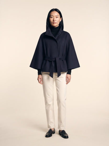 Women's Cape Jacket with High Collar – Navy Blue – on model