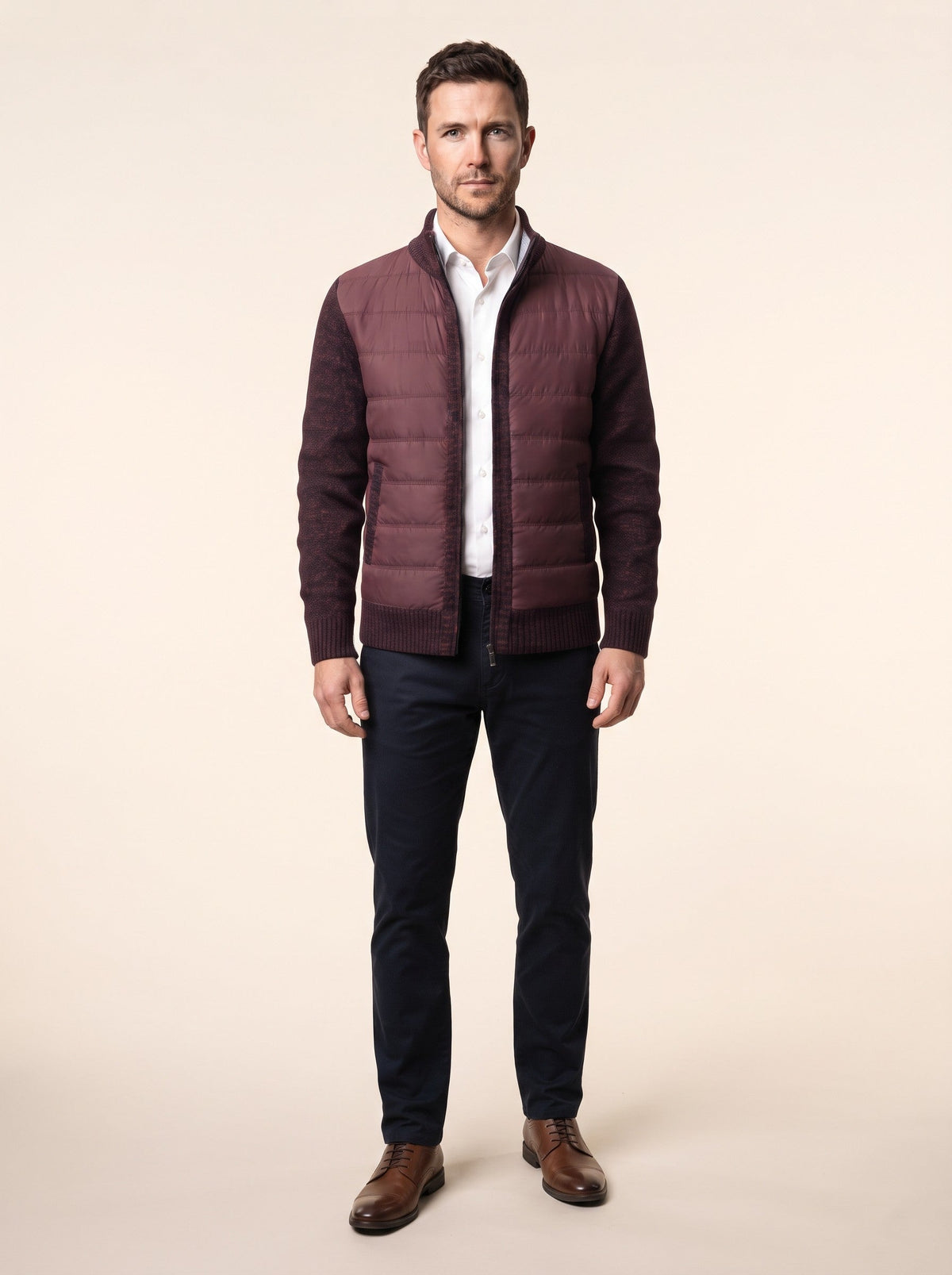 Men's Hybrid Knit Jacket – Burgundy – on model
