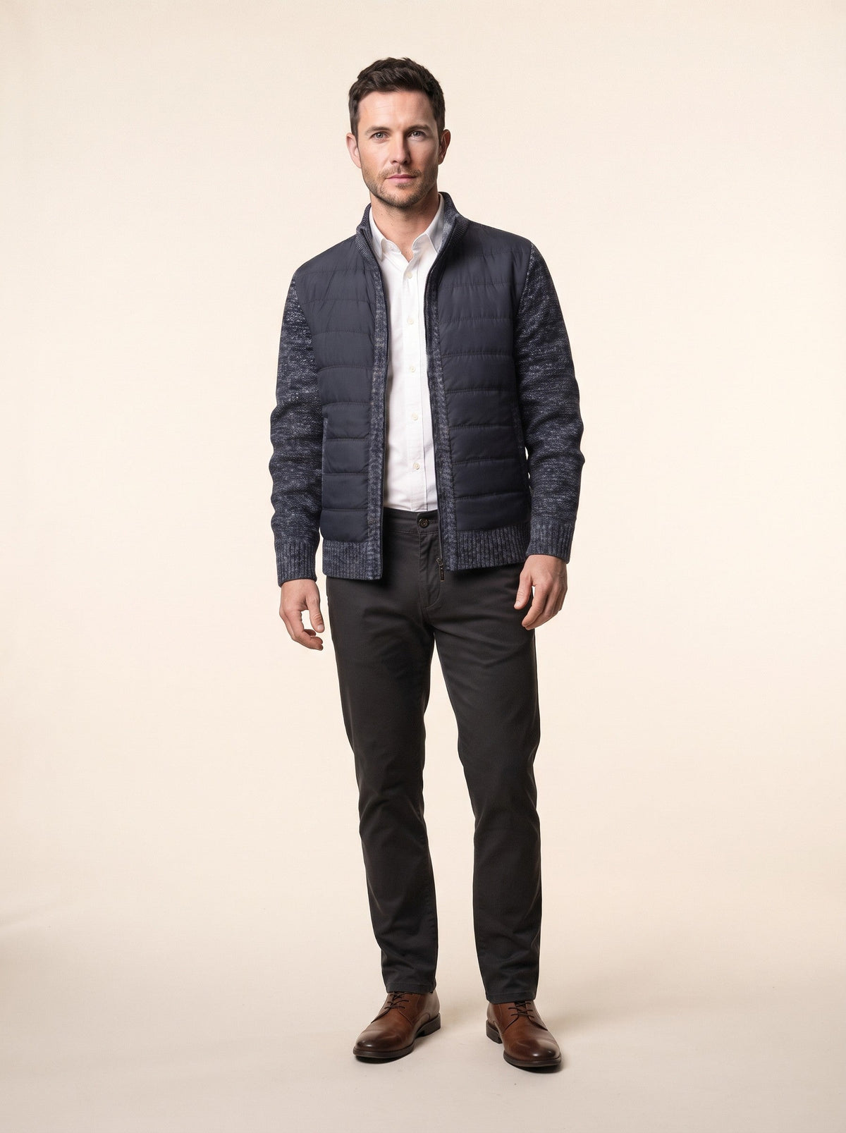Men's Hybrid Knit Jacket – Navy Blue – on model