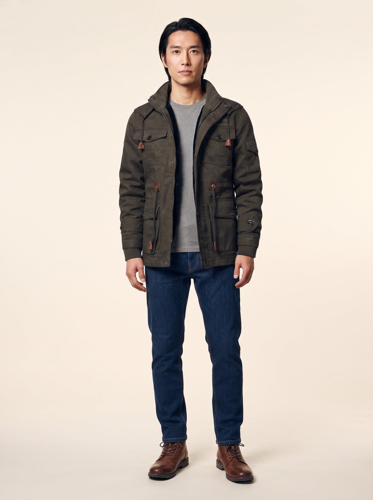 Men's Fleece-Lined Field Jacket – Olive Green – on model