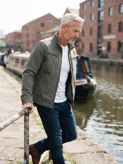 Men's Canvas Zip Jacket with Shirt Collar – Army Green – lifestyle