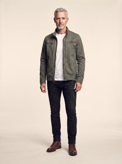 Men's Canvas Zip Jacket with Shirt Collar – Army Green – on model