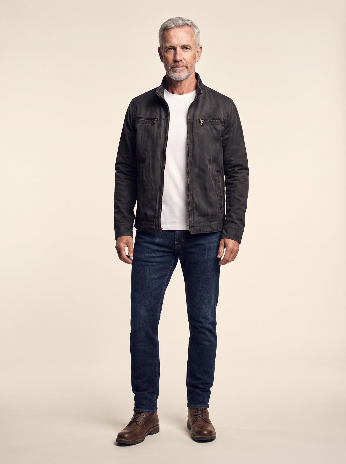 Men's Canvas Zip Jacket with Shirt Collar – Black – on model