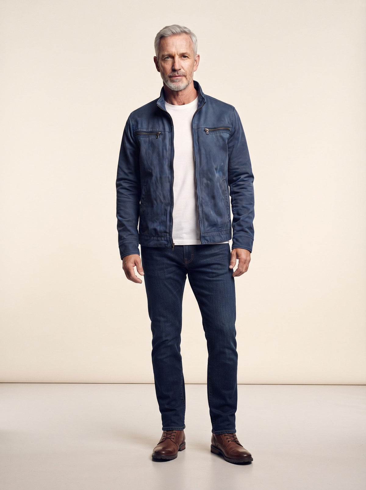 Men's Canvas Zip Jacket with Shirt Collar – Blue – on model