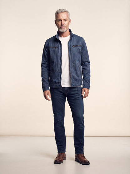 Men's Canvas Zip Jacket with Shirt Collar – Blue – on model
