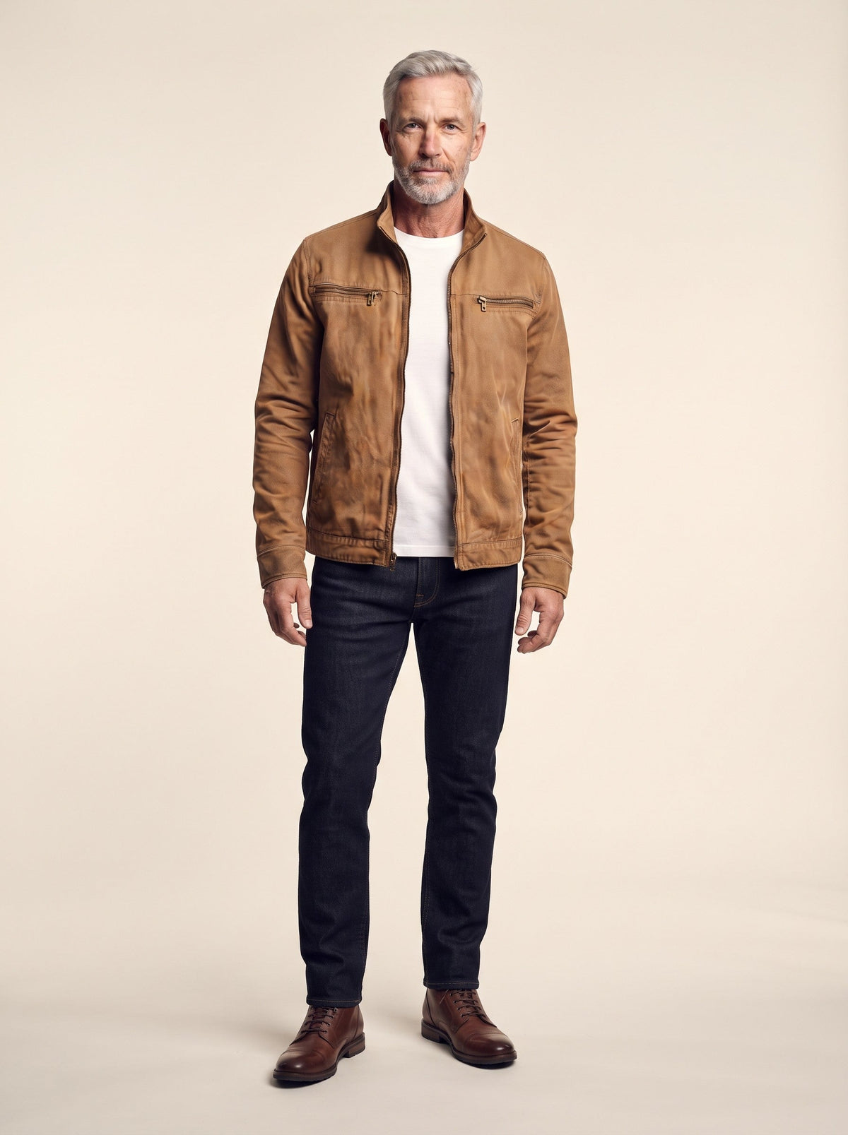 Men's Canvas Zip Jacket with Shirt Collar – Brown – on model