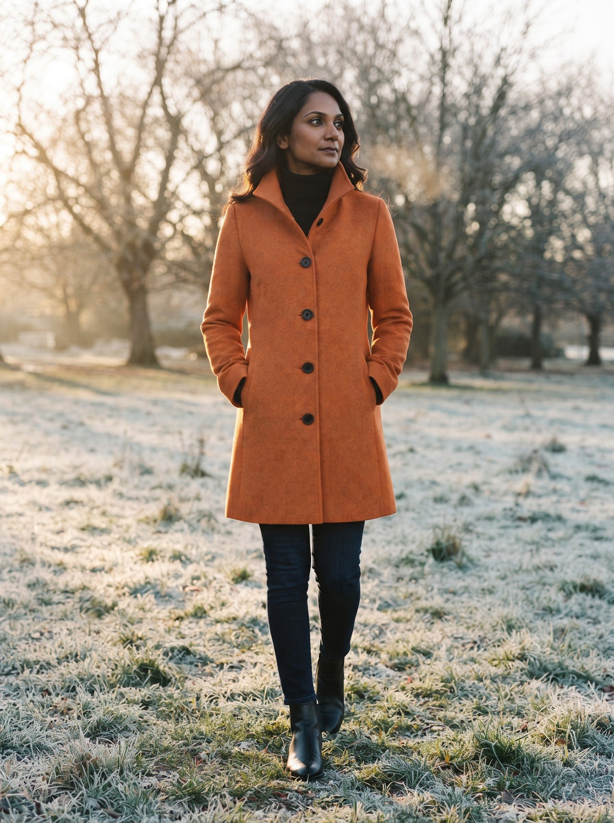 Women's Single-Breasted Winter Coat – Orange – lifestyle