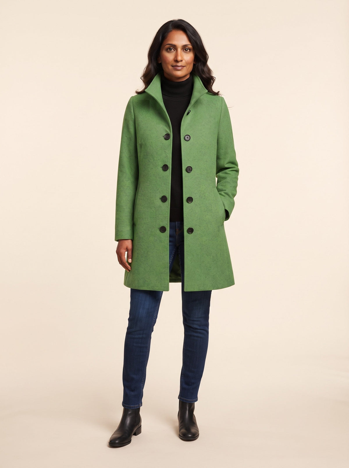 Women's Single-Breasted Winter Coat – Dark Green – on model
