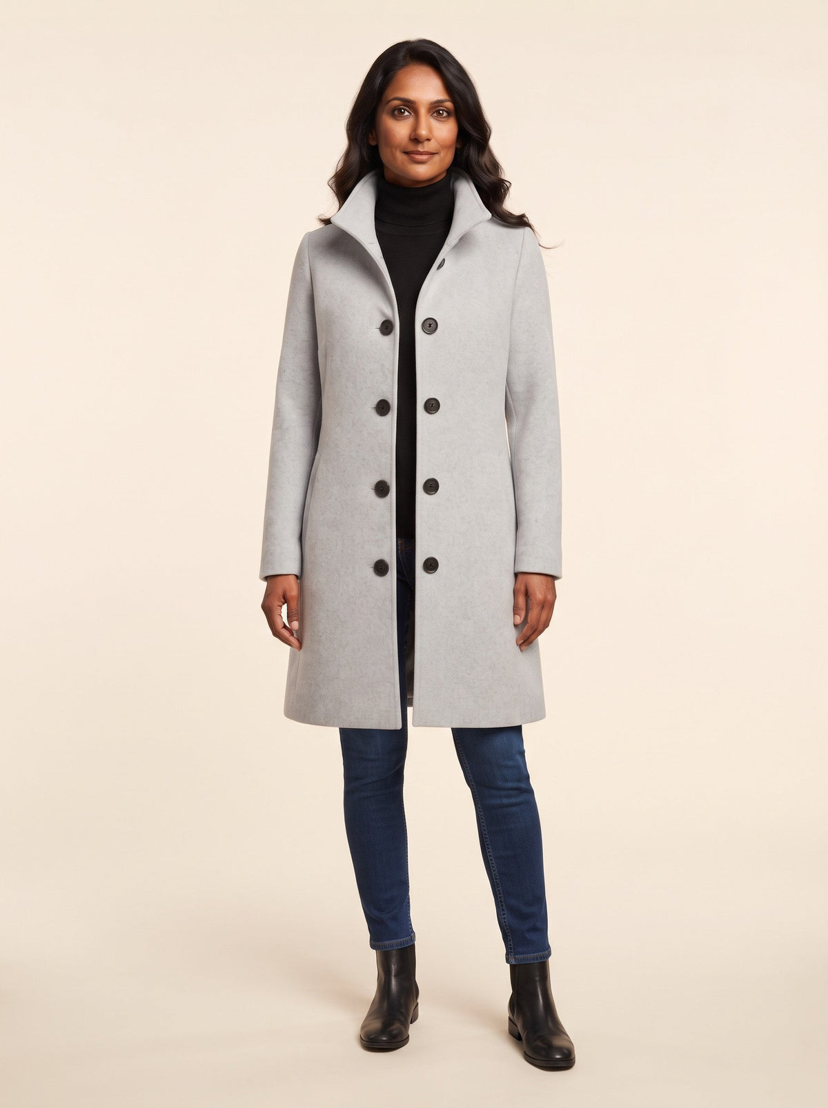 Women's Single-Breasted Winter Coat – Light Grey – on model