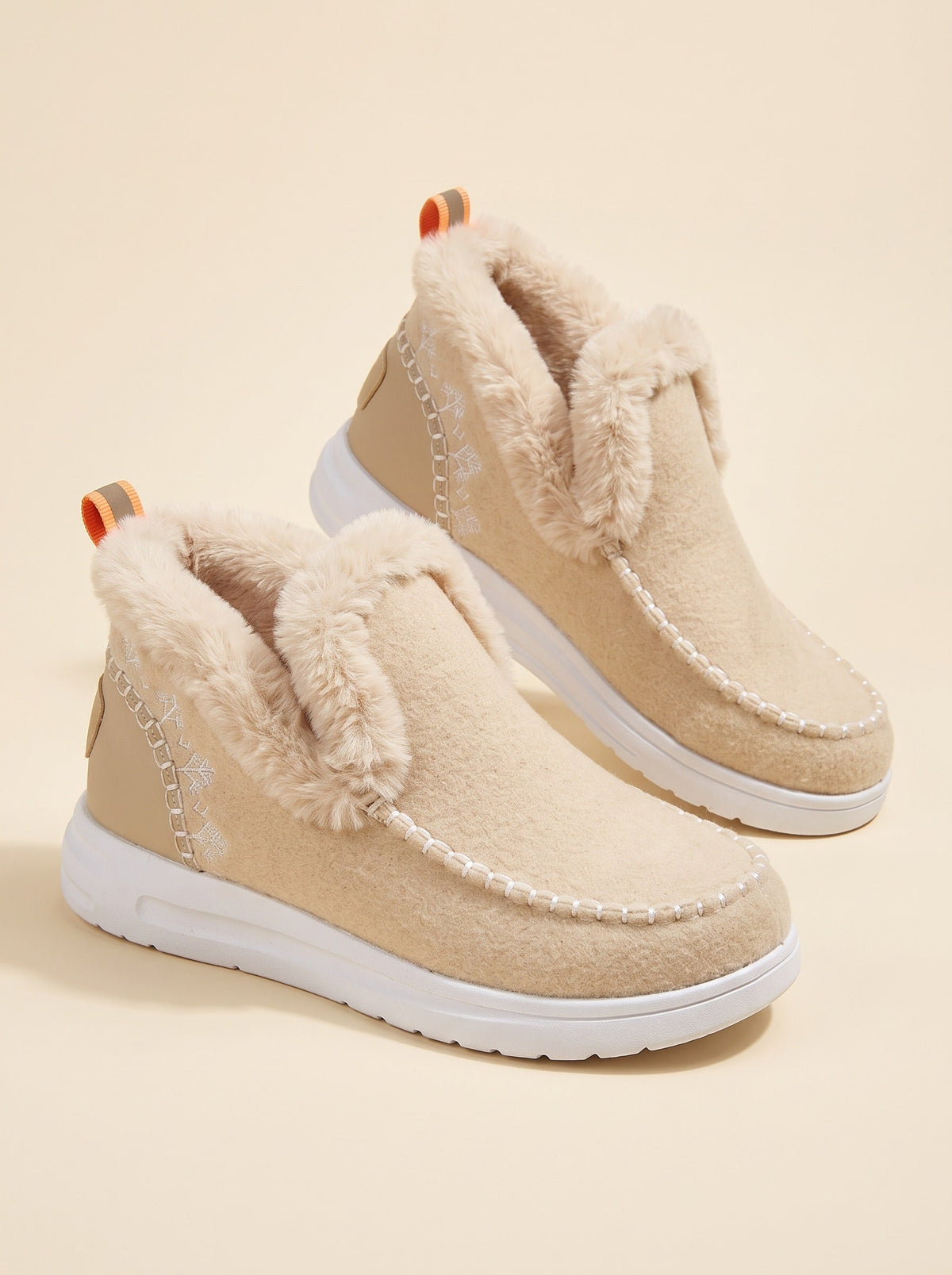 Women's Fleece-Lined Slip-On Boots – Beige – pair, three-quarter view