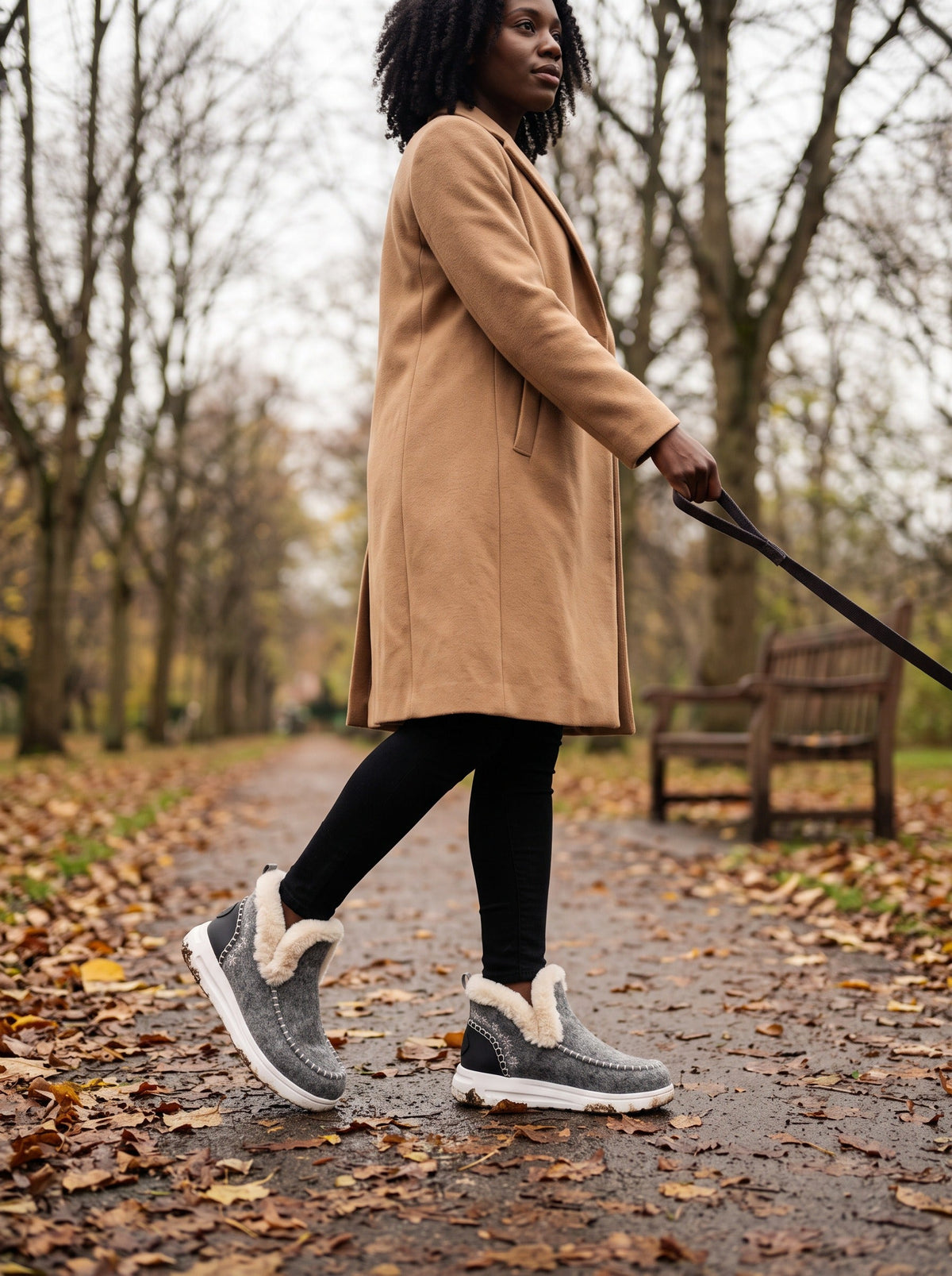 Women's Fleece-Lined Slip-On Boots – Grey – worn on an autumn walk