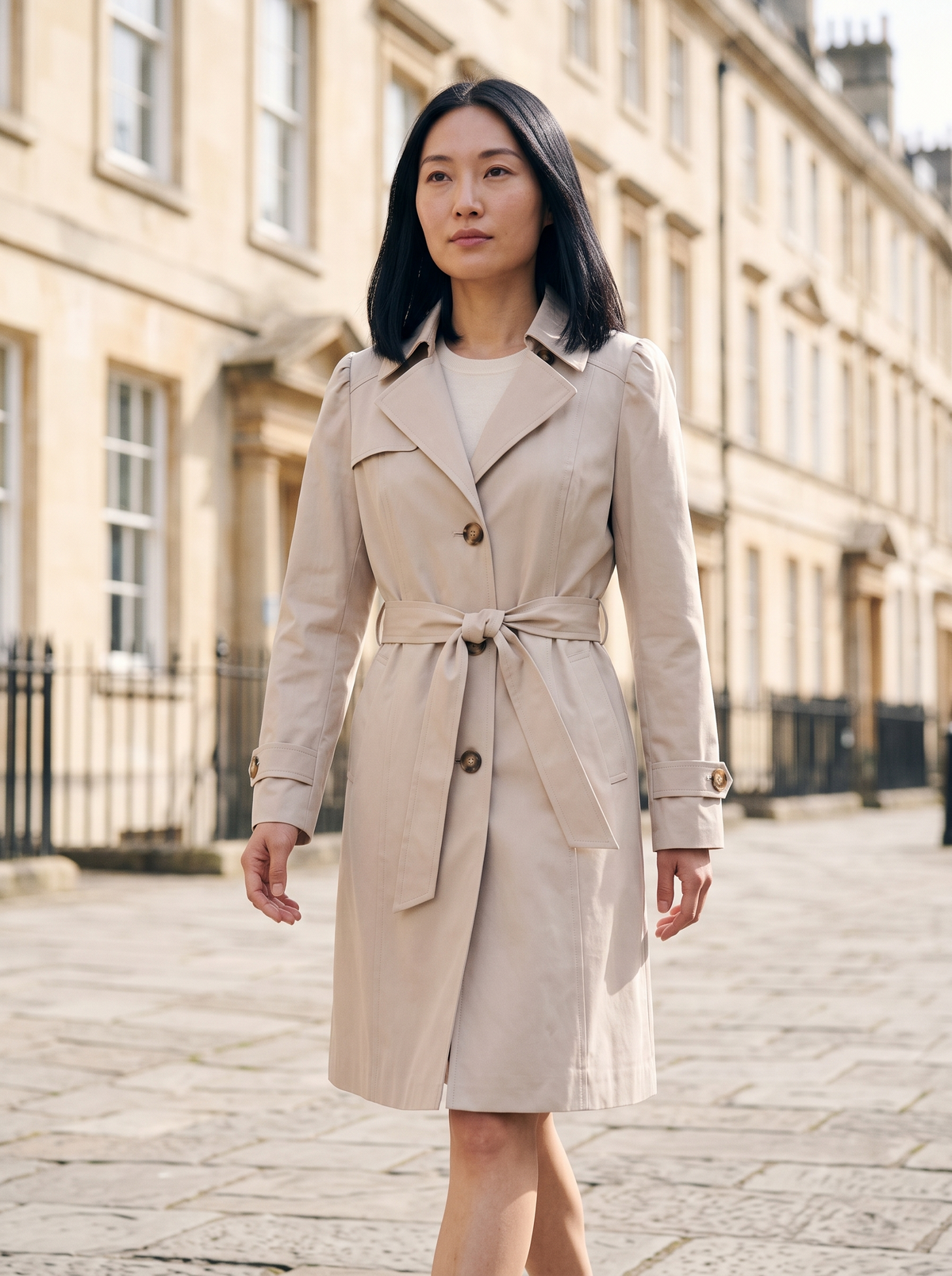 Belted Trench Coat – Beige – town street