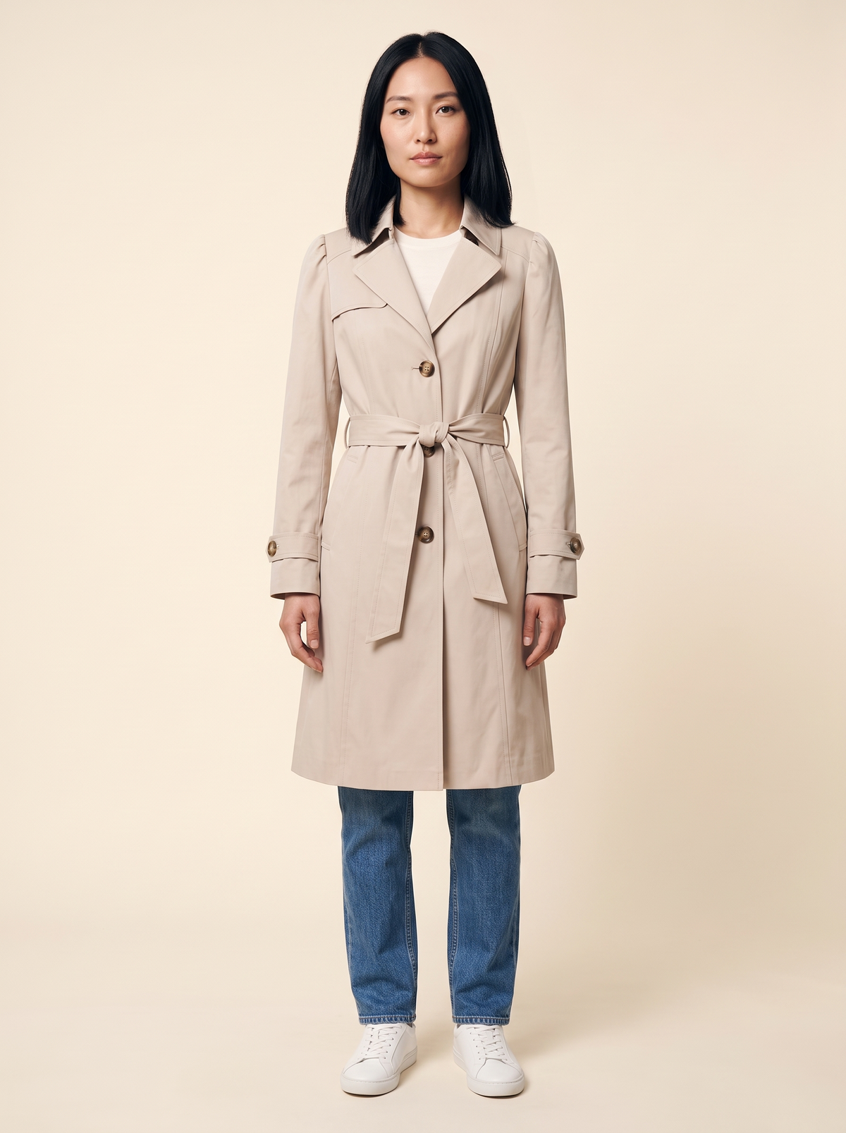 Belted Trench Coat – Beige – on model