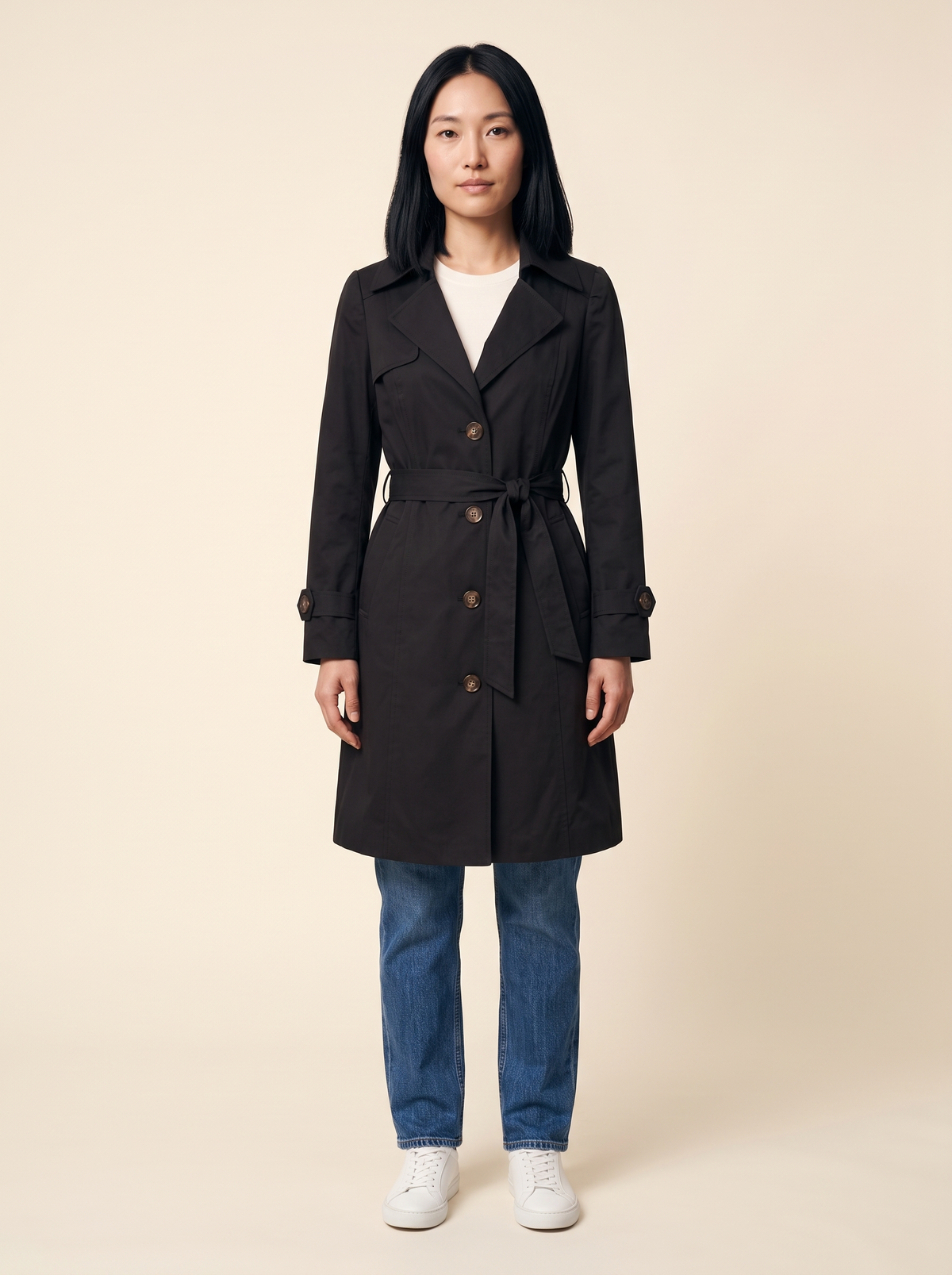 Belted Trench Coat – Black – on model