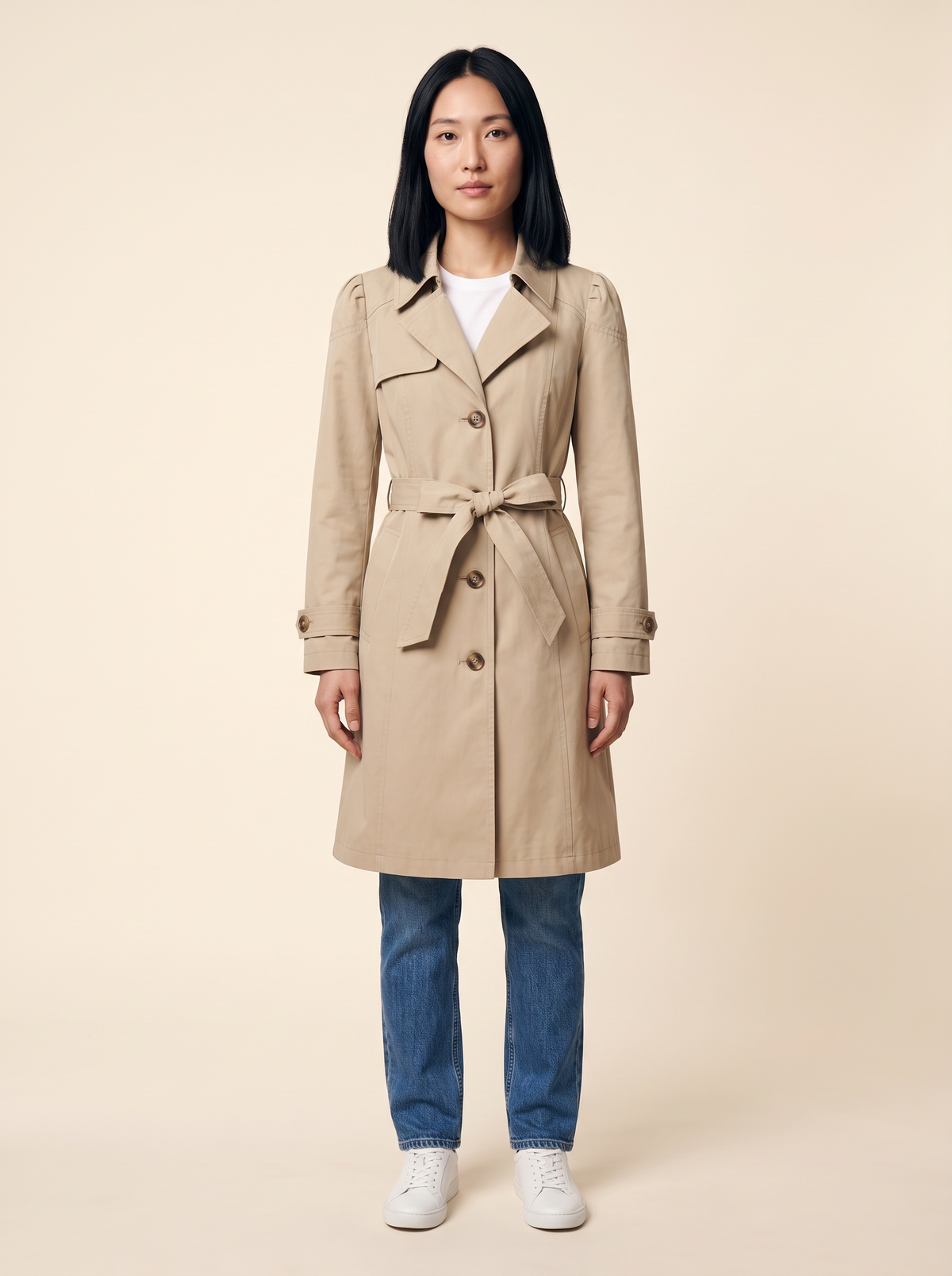 Belted Trench Coat – Khaki – on model