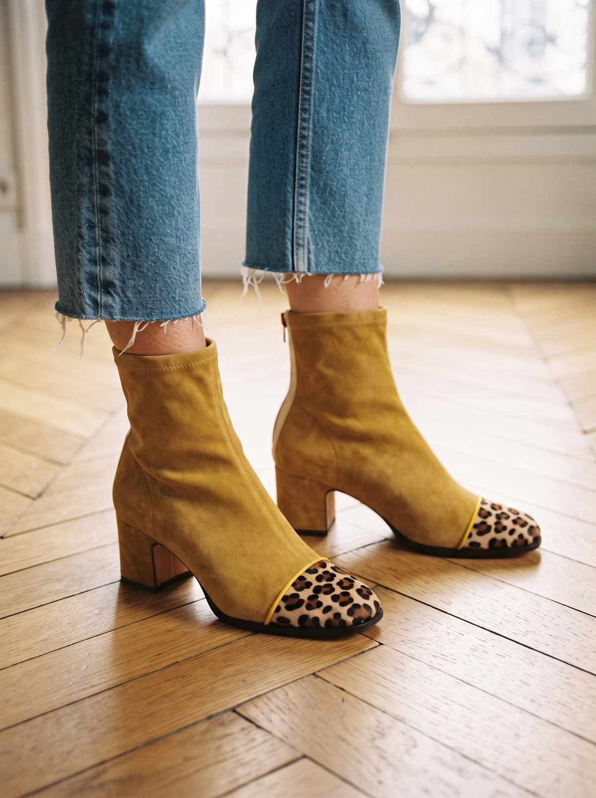 Block Heel Sock Ankle Boots – Yellow – on foot