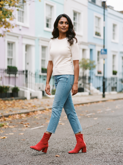 Block Heel Sock Ankle Boots – Red – street style