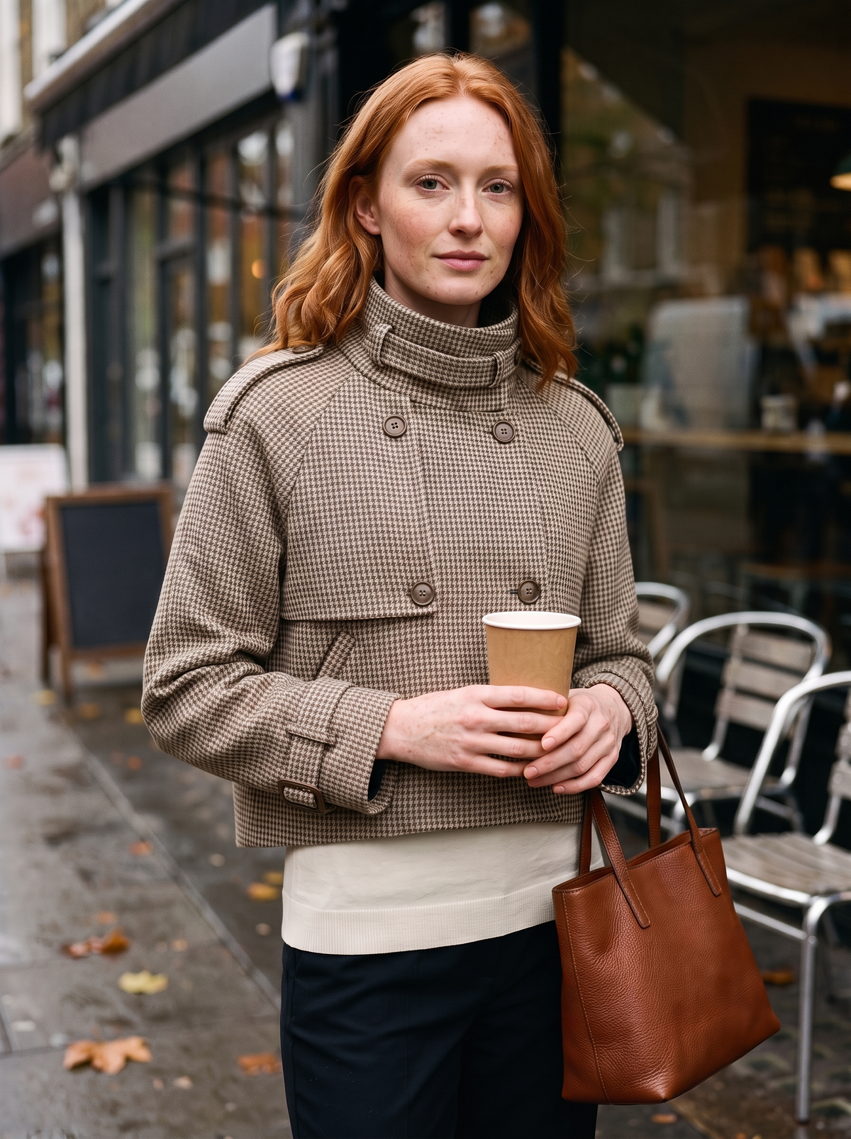 Cropped Houndstooth Jacket – Khaki – café street
