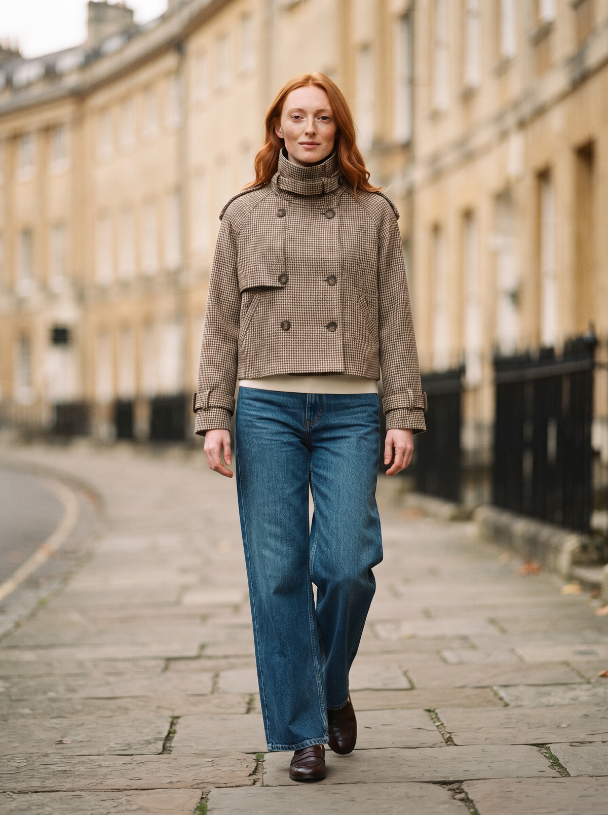 Cropped Houndstooth Jacket – Khaki – street style