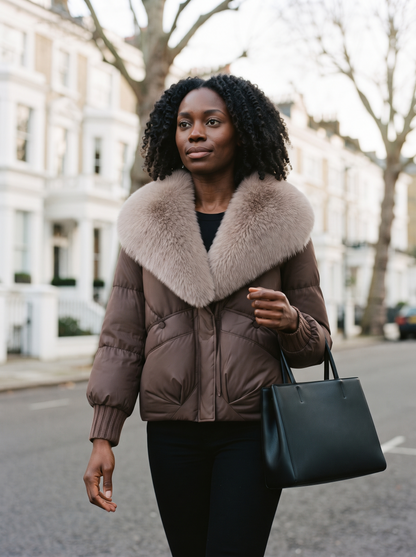 Cropped Puffer Jacket with Fluffy Collar – Brown – city walk