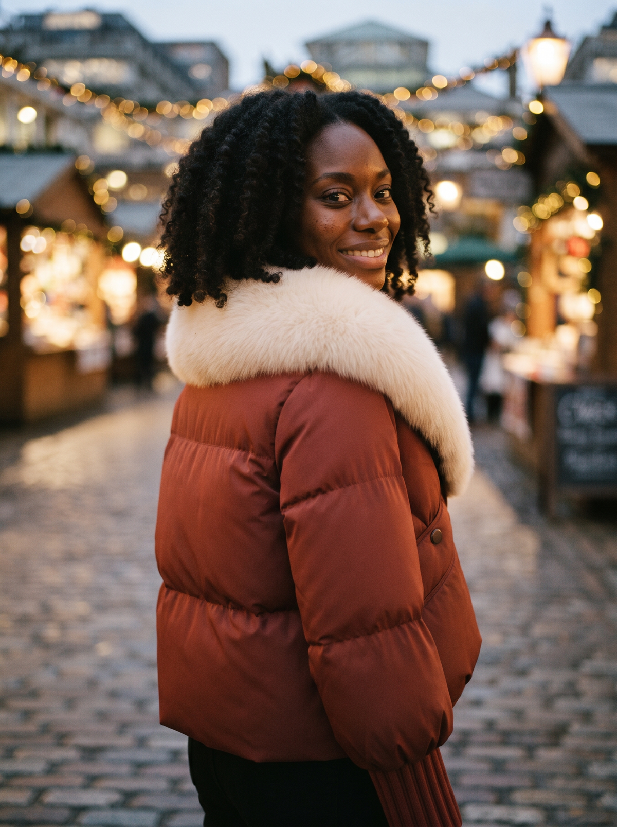 Cropped Puffer Jacket with Fluffy Collar – Red – winter market