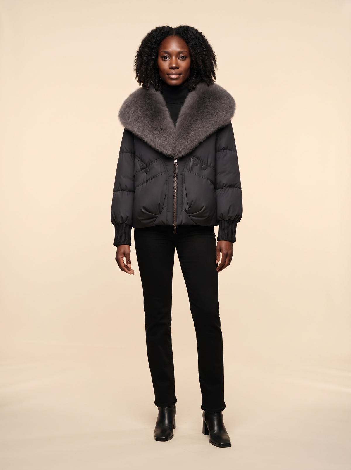 Cropped Puffer Jacket with Fluffy Collar – Black – on model