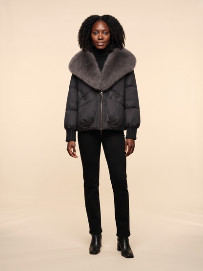 Cropped Puffer Jacket with Fluffy Collar – Black – on model