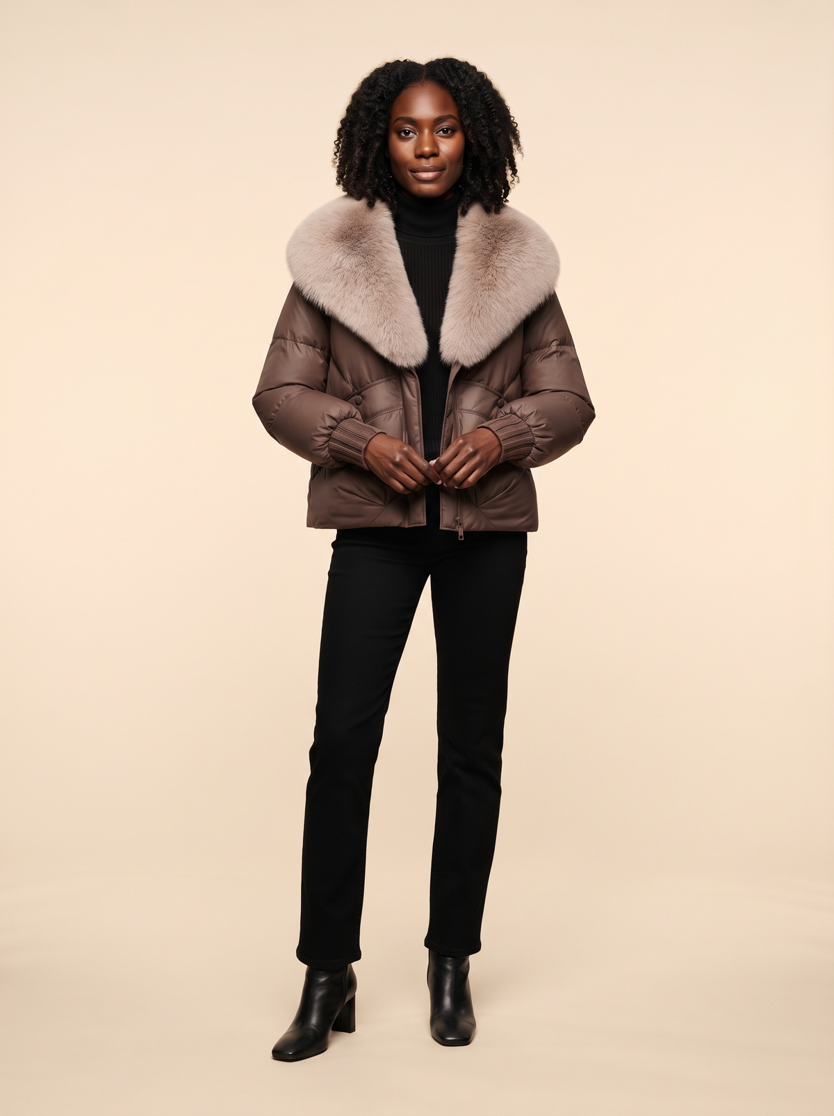 Cropped Puffer Jacket with Fluffy Collar – Brown – on model